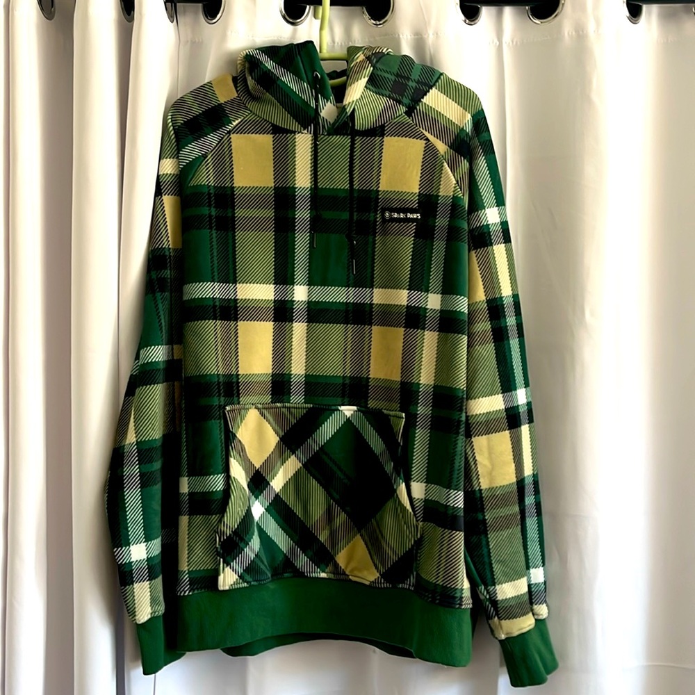 Smart Paws matching dog (medium small dog) + person (2XL) hoodies, green plaid